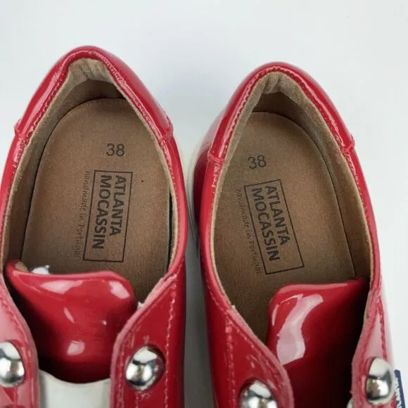Atlanta Mocassin Womens 38 / 7.5 Slip On Red Patten Leather Flat Moccasin Shoes