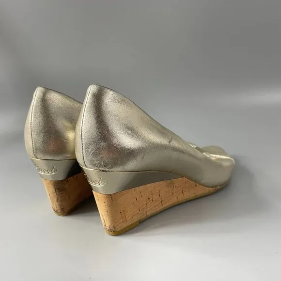Authentic GUCCI Gold Gomma Nappa Platino Cork Wedge Heel Shoes, 6B