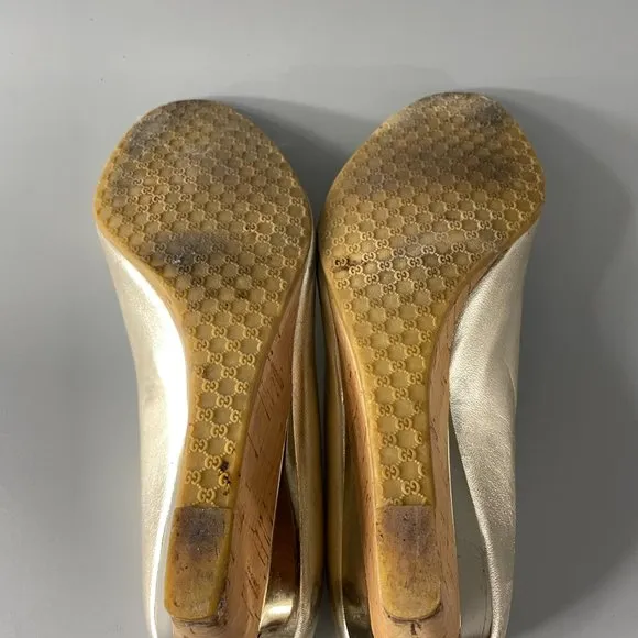Authentic GUCCI Gold Gomma Nappa Platino Cork Wedge Heel Shoes, 6B