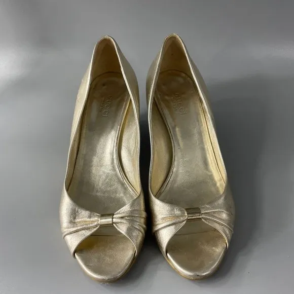 Authentic GUCCI Gold Gomma Nappa Platino Cork Wedge Heel Shoes, 6B