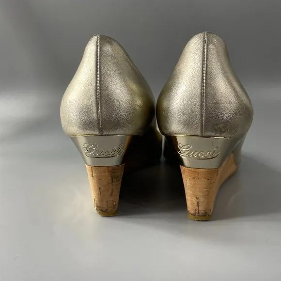 Authentic GUCCI Gold Gomma Nappa Platino Cork Wedge Heel Shoes, 6B