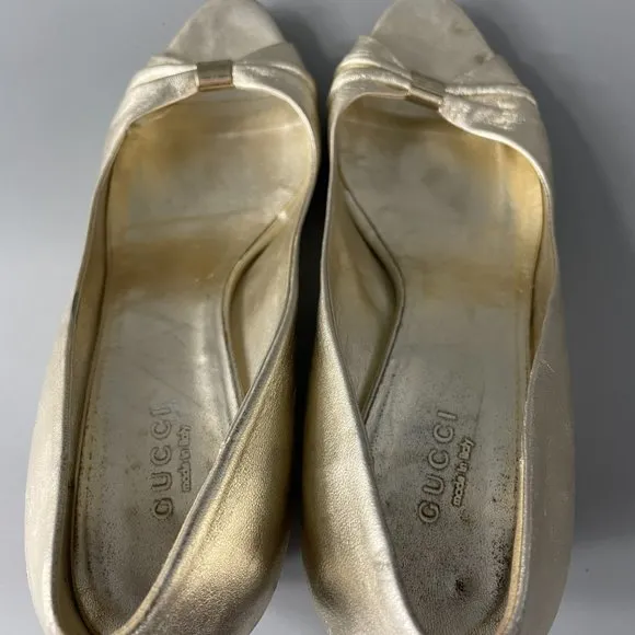 Authentic GUCCI Gold Gomma Nappa Platino Cork Wedge Heel Shoes, 6B