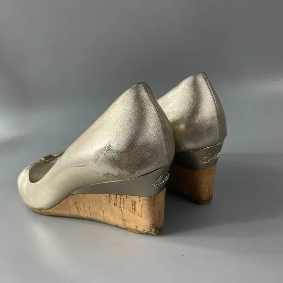 Authentic GUCCI Gold Gomma Nappa Platino Cork Wedge Heel Shoes, 6B