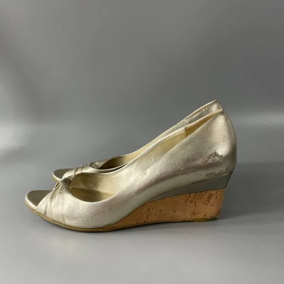 Authentic GUCCI Gold Gomma Nappa Platino Cork Wedge Heel Shoes, 6B