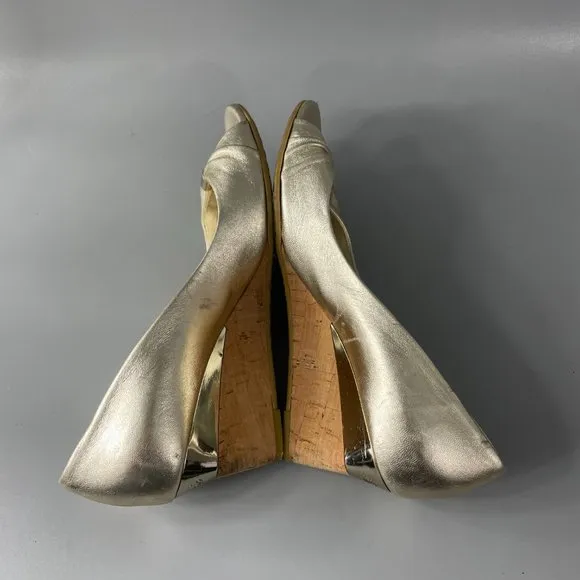 Authentic GUCCI Gold Gomma Nappa Platino Cork Wedge Heel Shoes, 6B