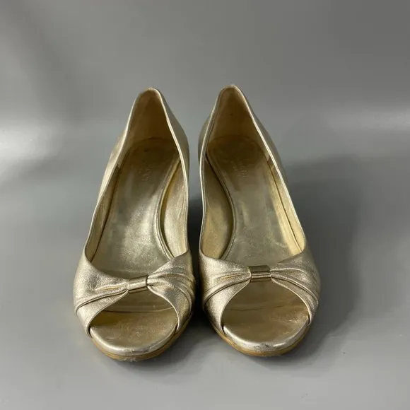 Authentic GUCCI Gold Gomma Nappa Platino Cork Wedge Heel Shoes, 6B