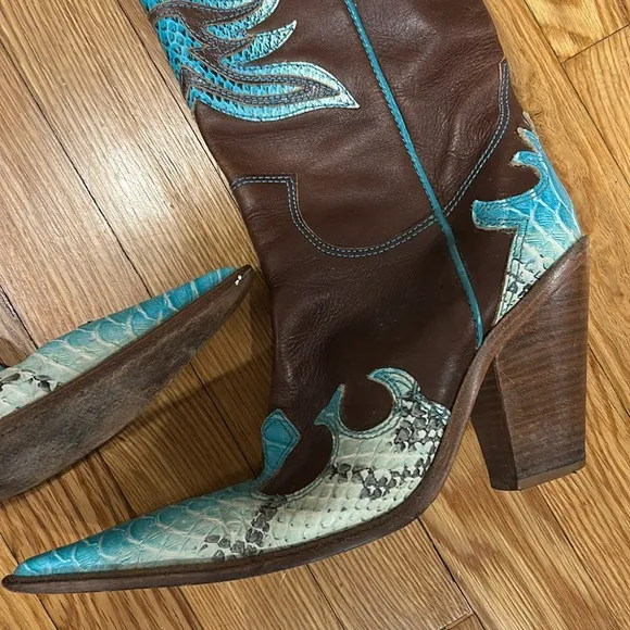 Authentic leather snakeskin pointed toe cowgirl western boots pull tab size 8
