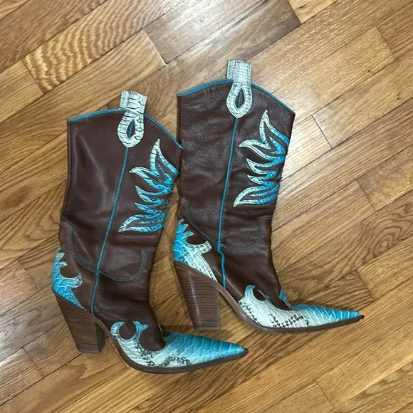 Authentic leather snakeskin pointed toe cowgirl western boots pull tab size 8