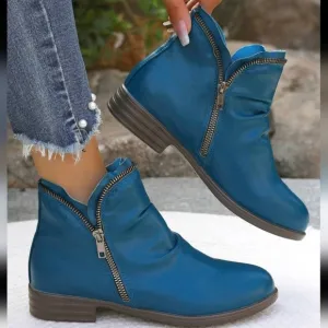 Autumn/Winter English Style Boots, Low Heel Flat Fashion Boots With Dual Zipper