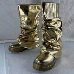 Azalea Wang Mate Metallic Chunky Flat Boot Shiny Gold 10 Rave Festival Party Fun