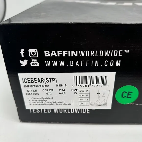 Baffin Boots Icebear (STP) Safety Toe &amp; Plate Mens 13 Rubber Work -58° F Rated
