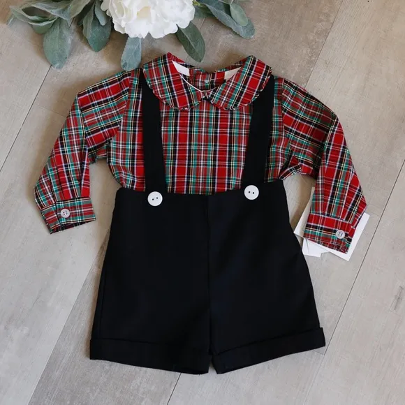 Bailey Boys Red Plaid Long Sleeve With Black Suspender Shorts Size 3 Months NWT