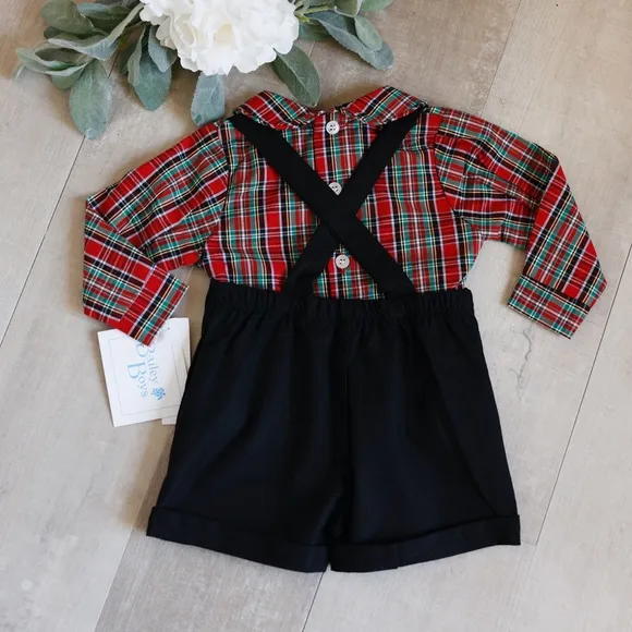 Bailey Boys Red Plaid Long Sleeve With Black Suspender Shorts Size 3 Months NWT