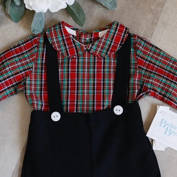 Bailey Boys Red Plaid Long Sleeve With Black Suspender Shorts Size 3 Months NWT