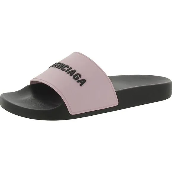Balenciaga Womens Pink Footbed Logo Slip On Pool Slides Shoes New