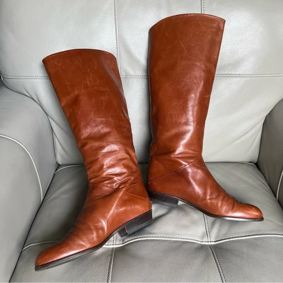 BALIZZA Sz 8 Italian All Leather Flat Riding Boots Sz 39 Cognac Brown Classic