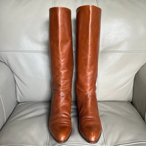BALIZZA Sz 8 Italian All Leather Flat Riding Boots Sz 39 Cognac Brown Classic