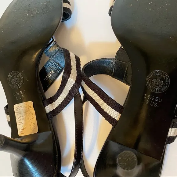 BALLY SHOES SANDALS HEELS BLACK LEATHER T ANKLE STRAPS SIZE 38.5 EU ITALY 8 US
