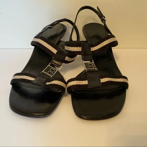 BALLY SHOES SANDALS HEELS BLACK LEATHER T ANKLE STRAPS SIZE 38.5 EU ITALY 8 US