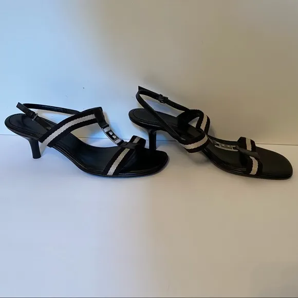 BALLY SHOES SANDALS HEELS BLACK LEATHER T ANKLE STRAPS SIZE 38.5 EU ITALY 8 US