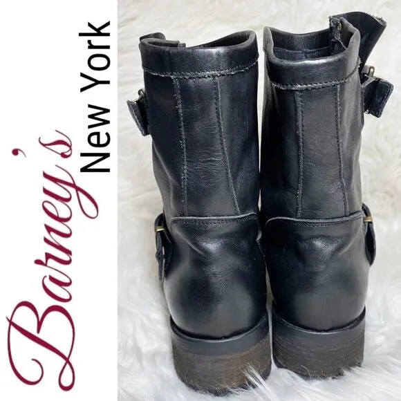 BARNEY'S NEW YORK Black Leather Moto Buckle Ankle Boots, Size 37