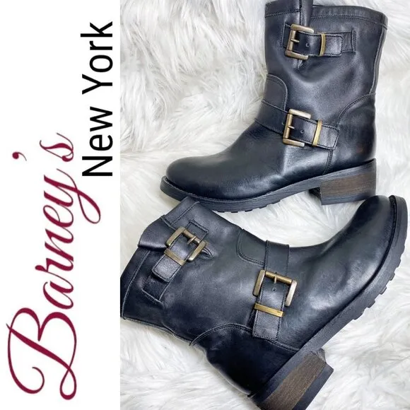 BARNEY'S NEW YORK Black Leather Moto Buckle Ankle Boots, Size 37