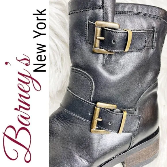 BARNEY'S NEW YORK Black Leather Moto Buckle Ankle Boots, Size 37