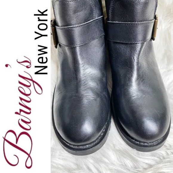 BARNEY'S NEW YORK Black Leather Moto Buckle Ankle Boots, Size 37