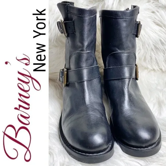 BARNEY'S NEW YORK Black Leather Moto Buckle Ankle Boots, Size 37