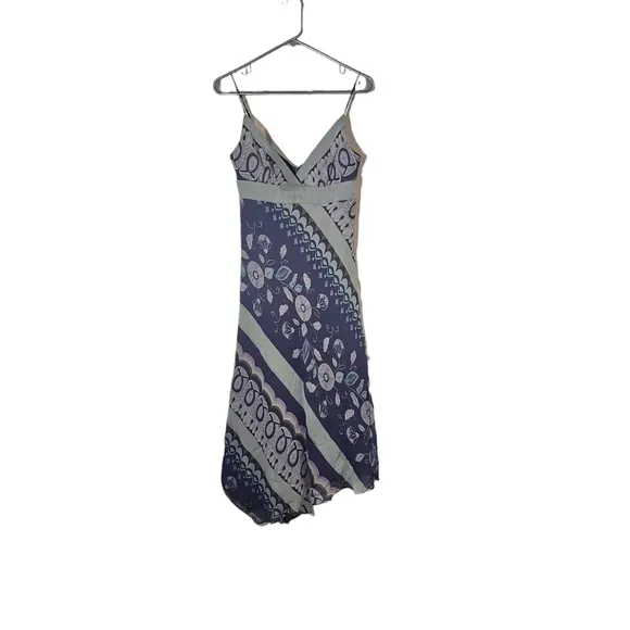 BCBG Tribal Pattern Lined Silk Slip Maxi Dress Asymmetric Hem Purple Blue size 6