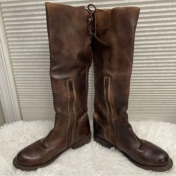 Bed Stu Manchester II Teak Rustic Leather Riding Boots Tall Lace Up back sz 6