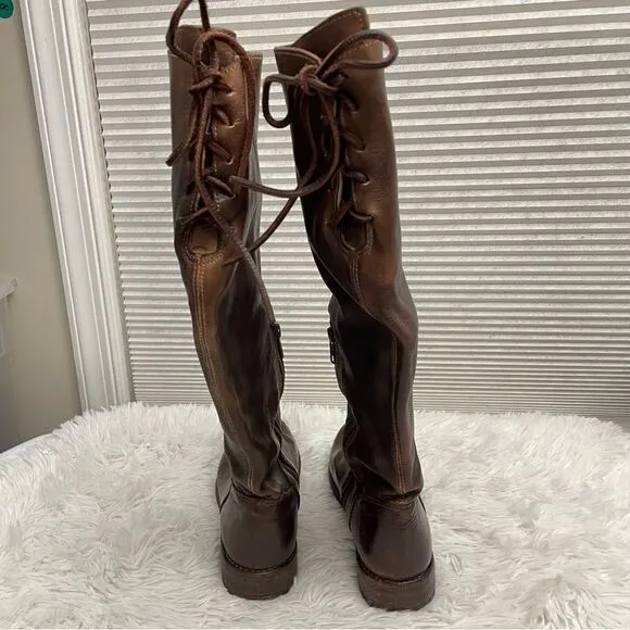 Bed Stu Manchester II Teak Rustic Leather Riding Boots Tall Lace Up back sz 6