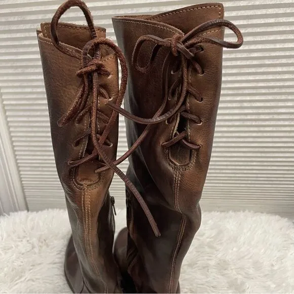 Bed Stu Manchester II Teak Rustic Leather Riding Boots Tall Lace Up back sz 6