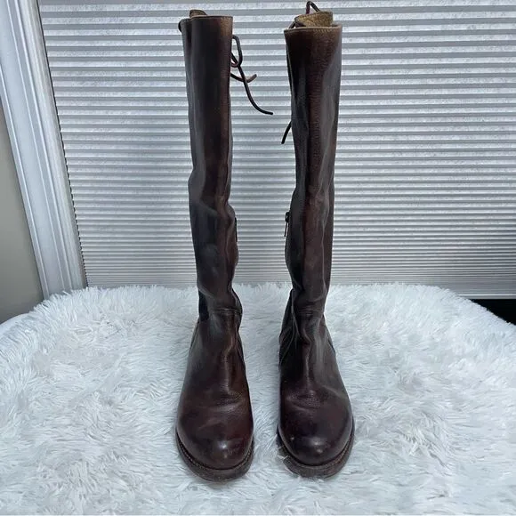 Bed Stu Manchester II Teak Rustic Leather Riding Boots Tall Lace Up back sz 6