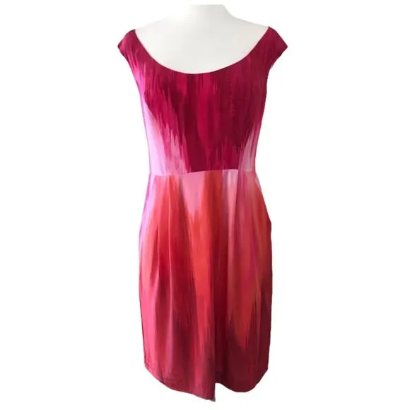 BETH BOWLEY Ombré Silk Dress Sheath Off Shoulder Red Boat Neck Pockets 2 NWT