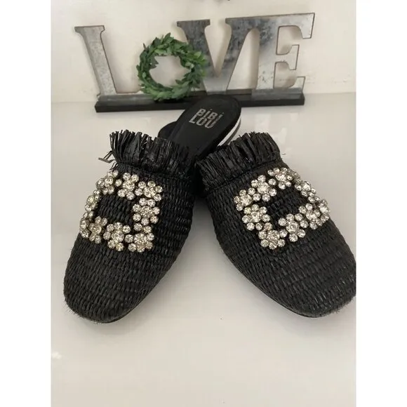 Bibi Lou Raffia Gem Jeweled Mule Slide Slip On Slipper Shoes Woven Black Sz 36/6