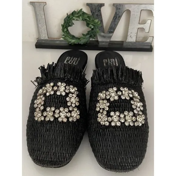 Bibi Lou Raffia Gem Jeweled Mule Slide Slip On Slipper Shoes Woven Black Sz 36/6