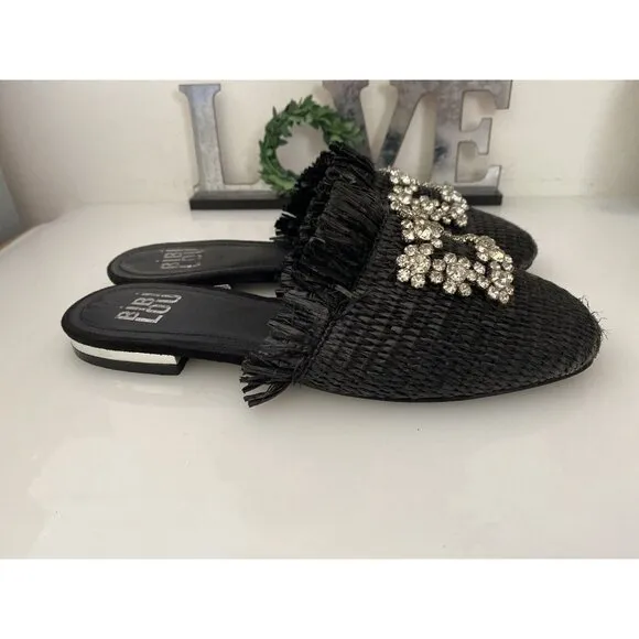 Bibi Lou Raffia Gem Jeweled Mule Slide Slip On Slipper Shoes Woven Black Sz 36/6