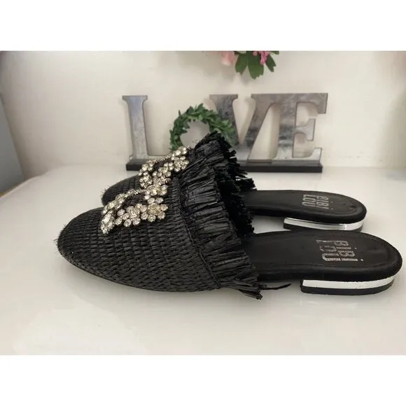 Bibi Lou Raffia Gem Jeweled Mule Slide Slip On Slipper Shoes Woven Black Sz 36/6