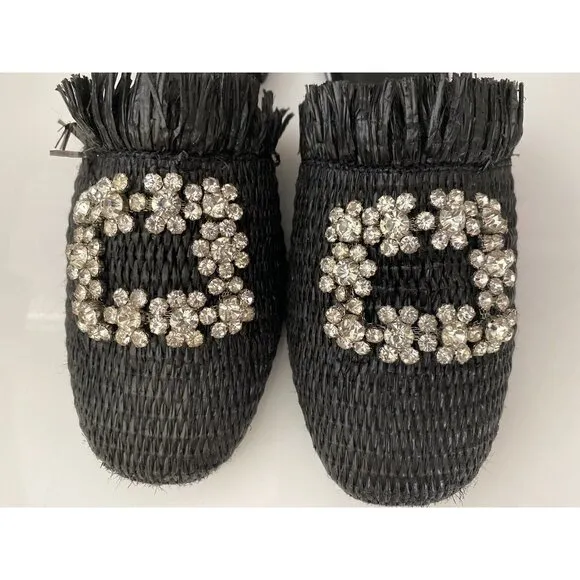 Bibi Lou Raffia Gem Jeweled Mule Slide Slip On Slipper Shoes Woven Black Sz 36/6