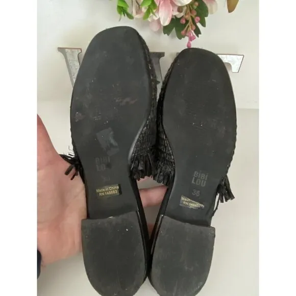 Bibi Lou Raffia Gem Jeweled Mule Slide Slip On Slipper Shoes Woven Black Sz 36/6