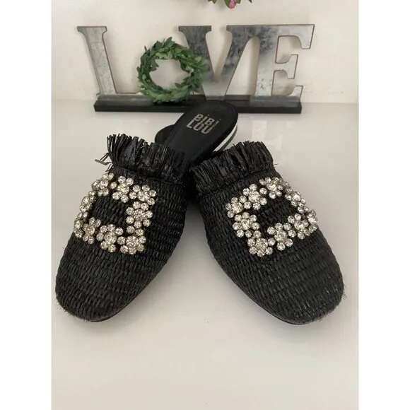 Bibi Lou Raffia Gem Jeweled Mule Slide Slip On Slipper Shoes Woven Black Sz 36/6
