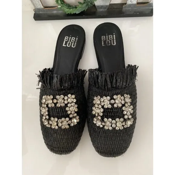 Bibi Lou Raffia Gem Jeweled Mule Slide Slip On Slipper Shoes Woven Black Sz 36/6