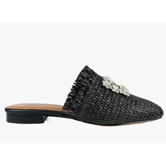 Bibi Lou Raffia Gem Jeweled Mule Slide Slip On Slipper Shoes Woven Black Sz 36/6