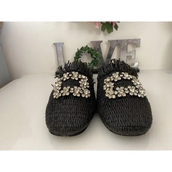 Bibi Lou Raffia Gem Jeweled Mule Slide Slip On Slipper Shoes Woven Black Sz 36/6