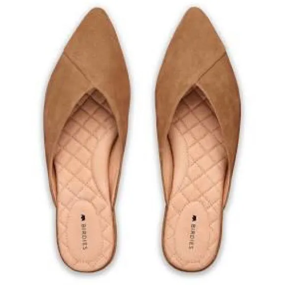 Birdies Pointed Toe Swan Flat/Mule in Tan Suede