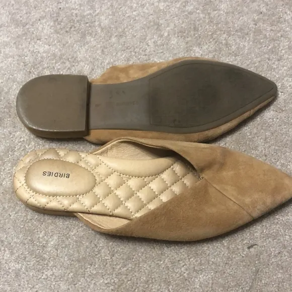 Birdies Pointed Toe Swan Flat/Mule in Tan Suede