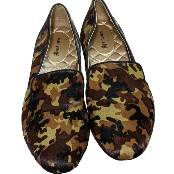 Birdies The Starling Flat in Hair calf upper camo print loafer, slip on …