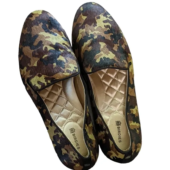Birdies The Starling Flat in Hair calf upper camo print loafer, slip on …