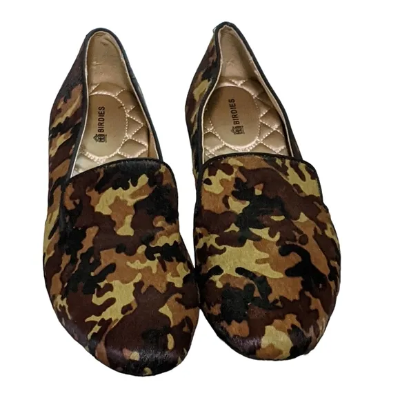 Birdies The Starling Flat in Hair calf upper camo print loafer, slip on …